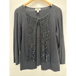 Talbots Womens Cashmere BlendCardigan‎ Blouse Black Beaded Button Front Sz L